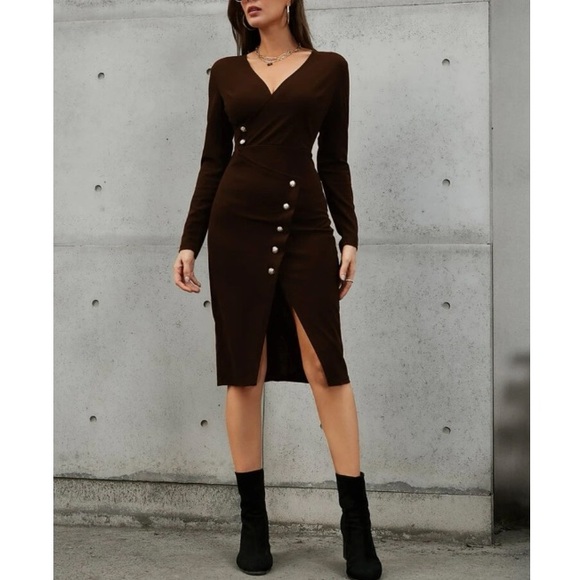 Boho navy blue button detail asymmetrical hem wrap dress - Picture 8 of 14